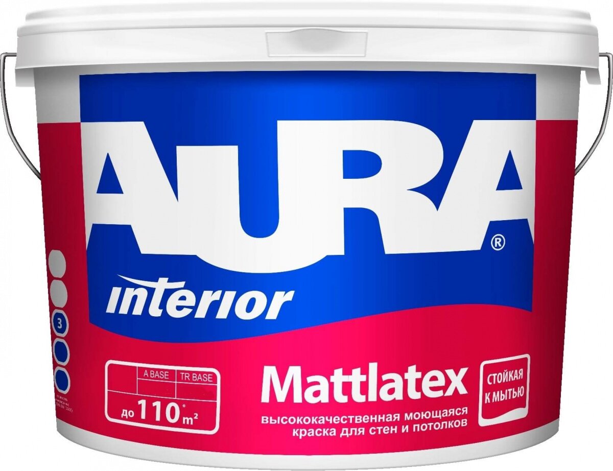 Краска AURA MATTLATEX матовая, моющаяся, для стен и потолков, 4,5л, база А, Aura