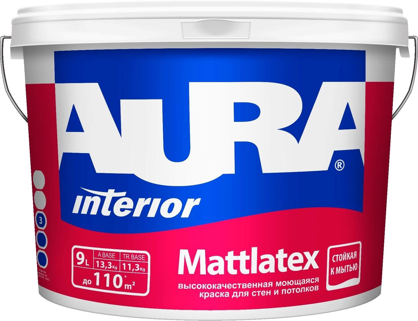 Краска AURA MATTLATEX матовая, моющаяся, для стен и потолков, 9л, база А, Aura